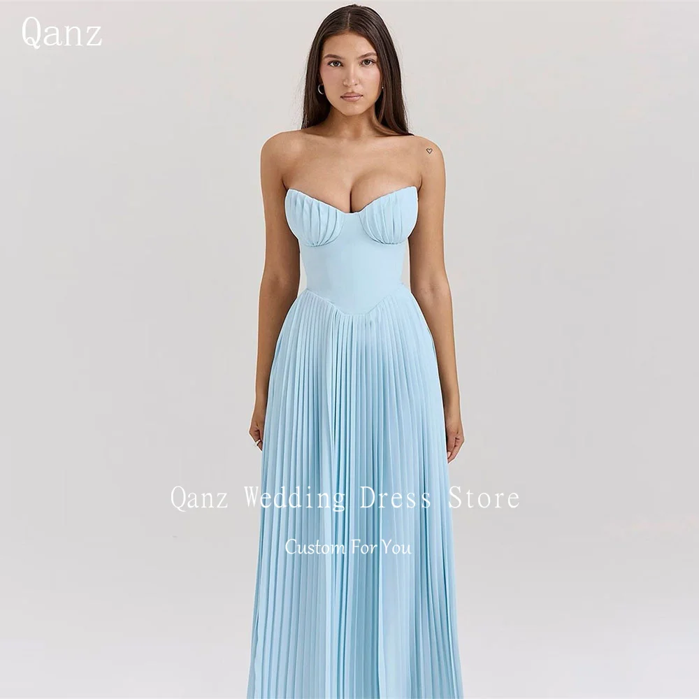 Qanz-Sky Blue cetim vestidos de noite, espartilho sem alças das mulheres, Long A Line, até o chão, vestidos elegantes, vestidos de festa de aniversário