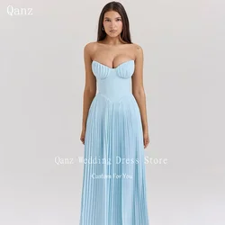 Qanz Sky Blue Satin Prom Dresses A Line Floor Length Evening Dresses Woman Elegant Corset Birthday Party Gowns Customized