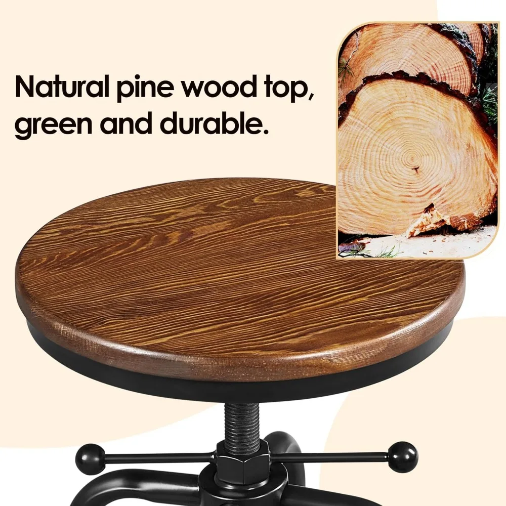 Banco de bar de metal ajustável vintage com assento de madeira para cozinha, jantar, café, altura 20-27 polegadas, marrom