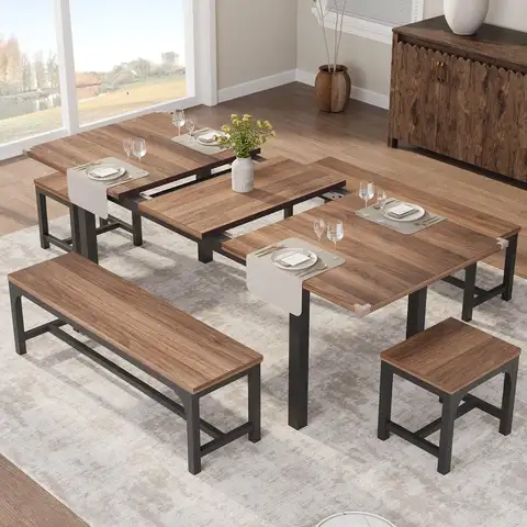 Mesa de comedor extensible para 4-8, mesa de cocina rectangular de madera con estructura de metal resistente, mesa de comedor larga industrial