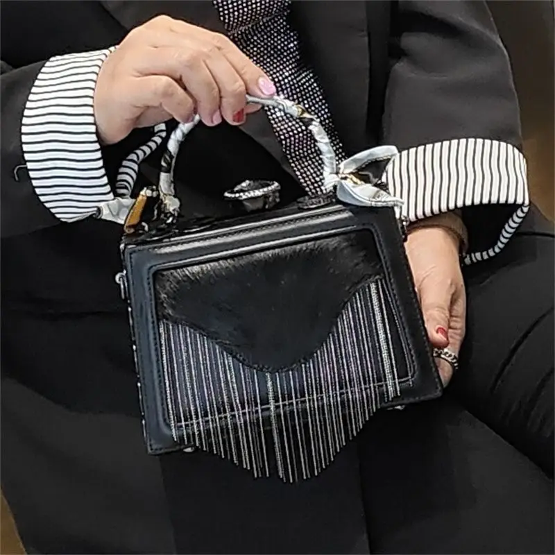 Fashionable Style Horse Hair Leather Square Box Portable Women's Bag Metal Chain Tassel Decoration Single Shoulder Crossbody Bag