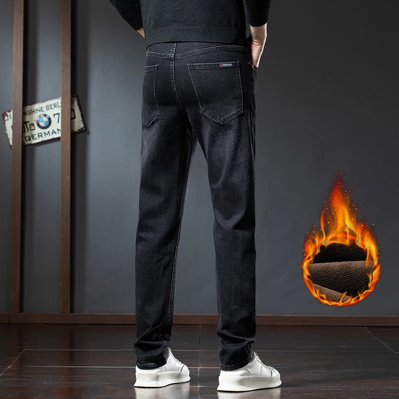أزياء الشتاء الرجال الصوف الجينز تمتد سميكة الدافئة مريحة سراويل جينز عارضة المخملية الكلاسيكية الذكور الملابس السراويل