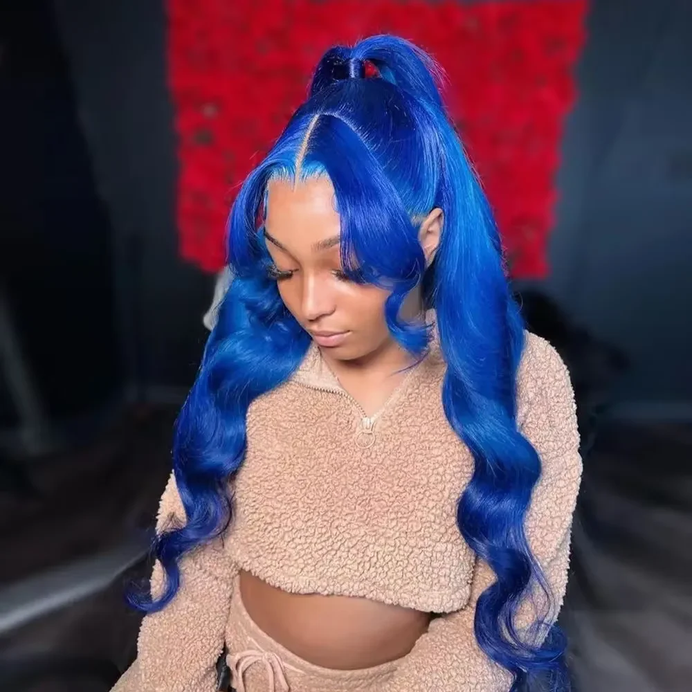 

Dark Blue Wig Body Wave 13x6 HD Lace Frontal Wig Human Hair Transparent 13x4 Lace Front Wigs For Women Sky Navy Blue 30 34 inch