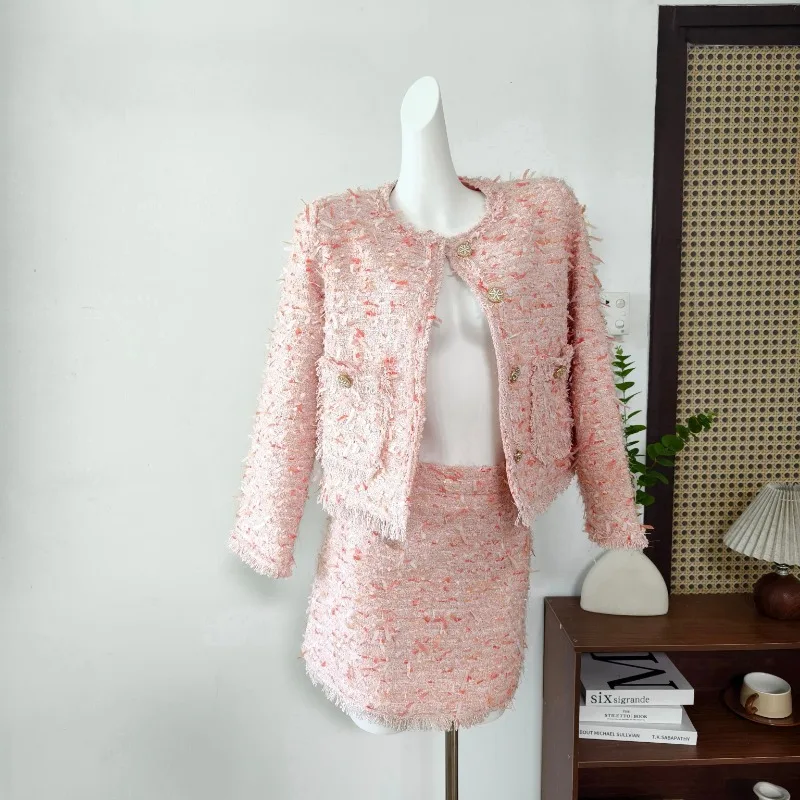 

Sweet Hot Girl Suit Women's Autumn and Winter O-neck Long-sleeved Woven Jacket High Waisted Skirt Two-piece Set Female Clothes