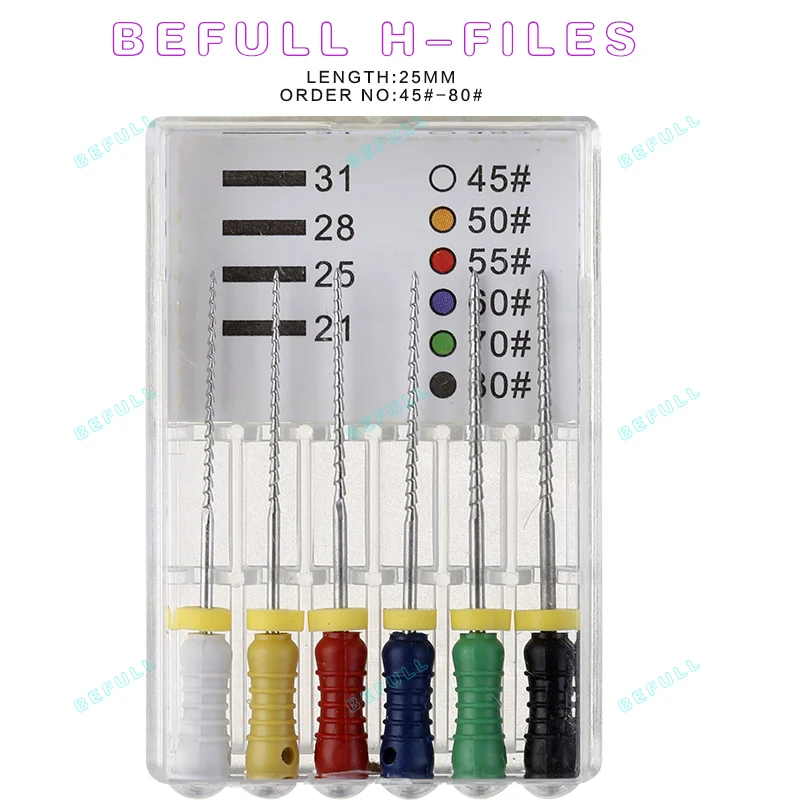 6 Stks/pak Tandheelkundige H-FILES (Handgebruik) Endodontische Wortelkanaalhedstroem Dossierbehandelingsinstrumenten 21/25/31Mm Tandarts Gereedschap