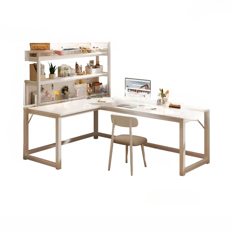 Modern Corner Computer Desks Home Double Desktop Gaming Esports Table Bedroom Simple Cream Style Study Desks with Bookshelf Q