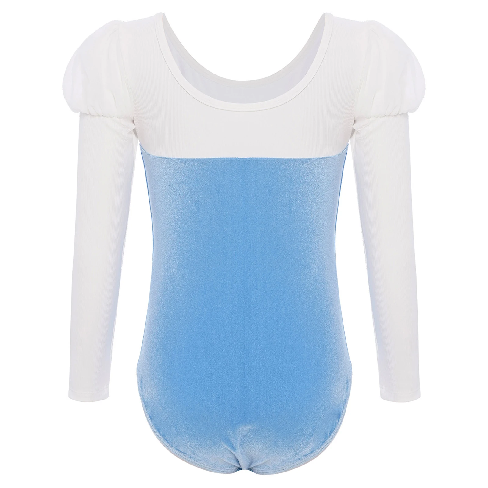 Dziewczęcy strój baletowy z kokardą, okrągły dekolt, bufiaste długie rękawy, aksamitny patchwork, kolorowy blokowy kombinezon, strój baletniczki do tańca lirycznego.