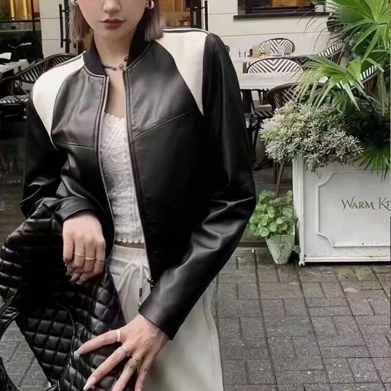 Women Genuine Leather Baseball Uniform Jacket Black 2023 Spring Female O-Neck Short Coat Mujer Outwear Blazer Streetwear