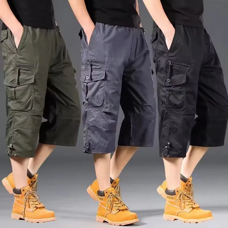 Summer Men's Cargo Shorts Knee Length Casual Shorts Men Elastic Waist Cotton Outdoor Multi Pockets Loose Shorts Breeches Cropped