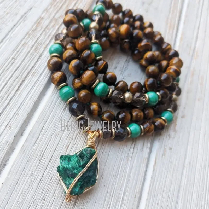 108 Japa Mala Natural Stone Prayer Bead Buddhism Tiger Eye Smoky Quartz Rosary Long Layer Necklace Women Yoga Mediation Jewelry