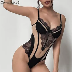 Candyhot Lace Patchwork Sexy Deep V-neck Romper Bodysuits Mesh Sheer Rave T Shirt 2023 Night Clubwear Bodycon Lingerie Bodysuits