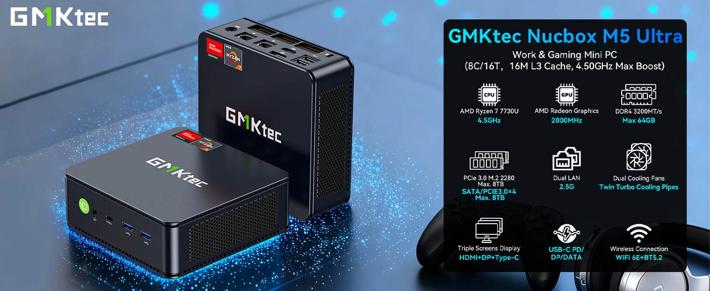 GMKtec M5 Ultra Nucbox Mini PC AMD Ryzen 7 7730U DDR4 3200MT/s Dual Fan Triple Display WiFi6E BT5.2 Desktop Computer Win11 Pro