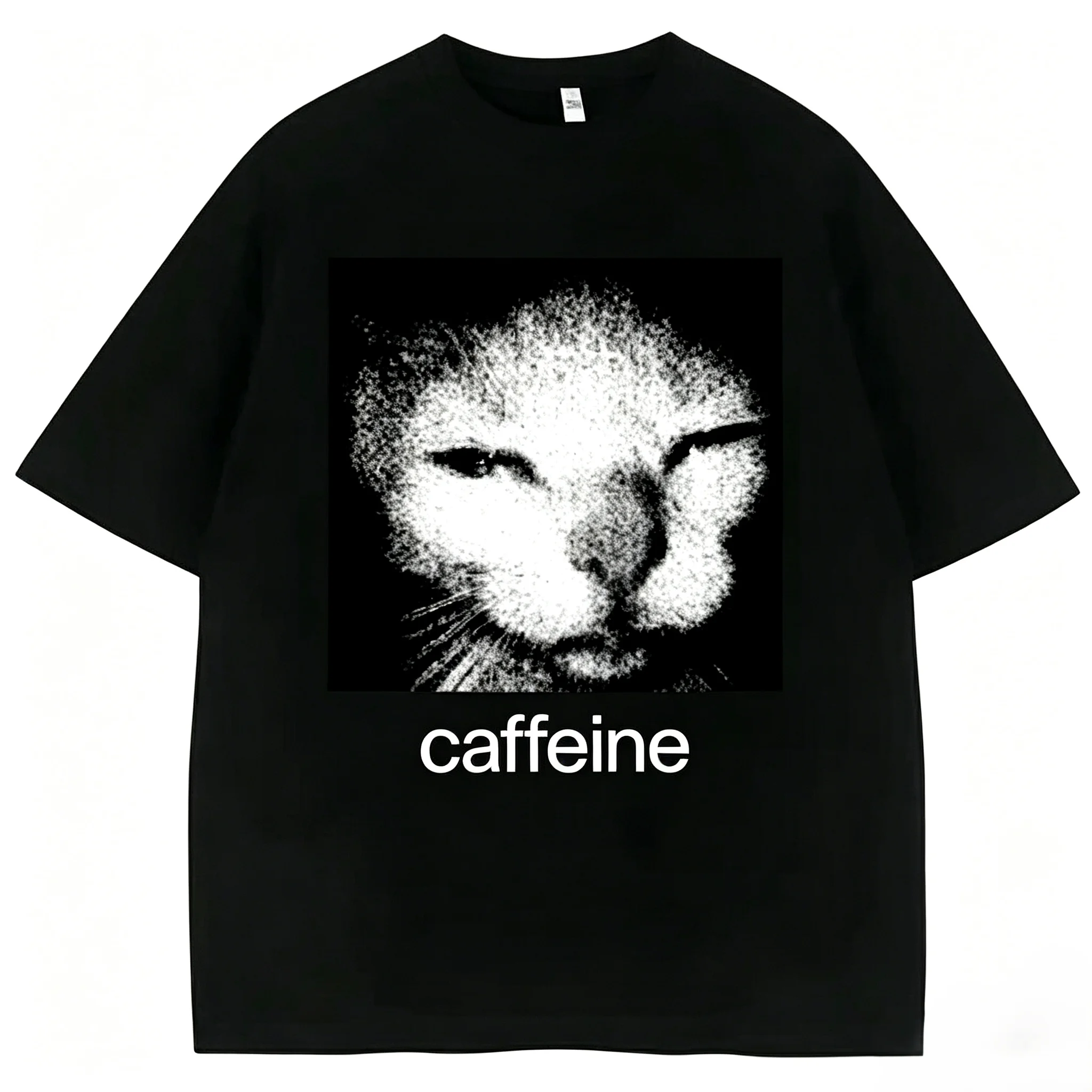 Unisex Caffeine Grunge Cat Face Graphic T Shirt Men Women Vintage Grainy Black White Cat Meme Aesthetic Short Sleeve Crewneck Oversized Casual Streetwear Tee