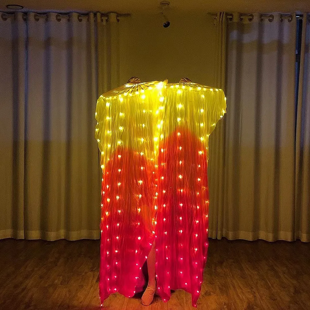 Velo de ventilador de seda Led para danza del vientre, accesorio de 180cm de largo, rojo y amarillo, para práctica y actuación en escenario