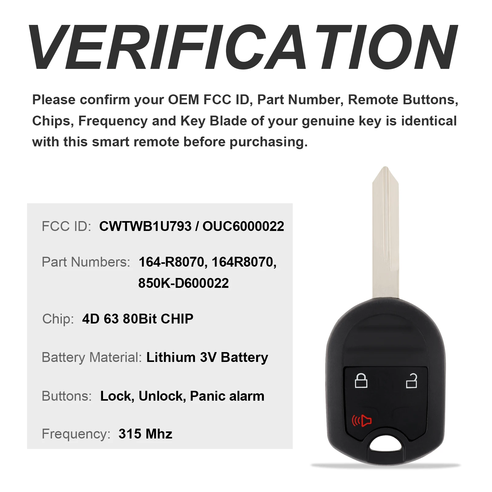 315Mhz 3 Buttons Remote Car Key Fob Keyless Entry Key Shell 4D63 80Bits Chip CWTWB1U793 Fit for Ford F150 F250 F350