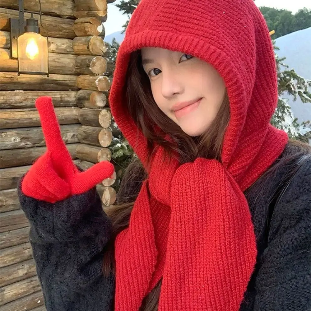 Fashion Women Winter Knit Hat Scarf One Piece Set Casual Warm Ear Flap Beanie Trendy Elegant Pullover Hooded Cap