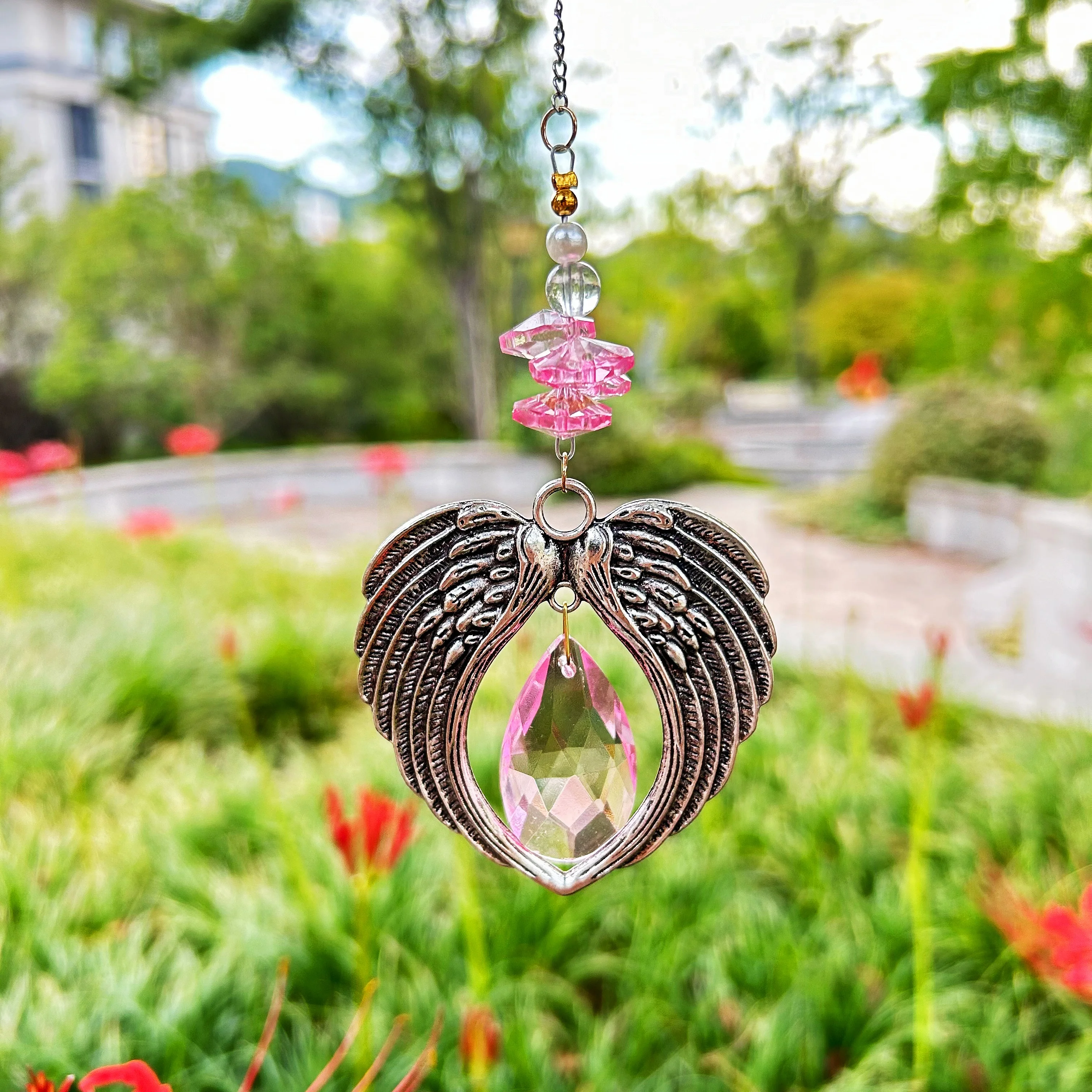 Elegant Angel Wings Pendant with Transparent Glass Tear Drop Center And Wine Red Crystal Decoration Durable Alloy Frame Fine Cha