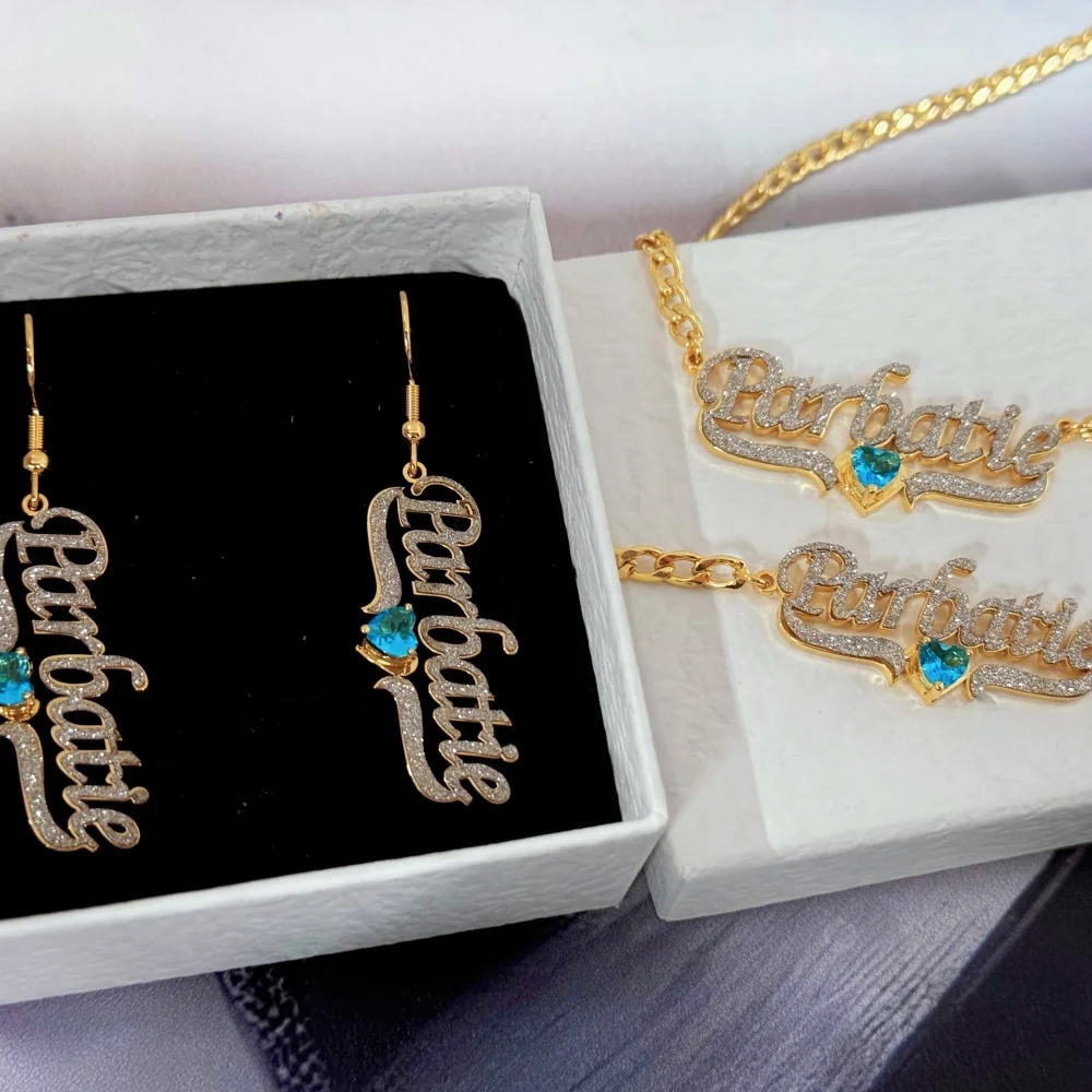 DUOYING Custom Name Dangle Earrings Nameplate Bracelet Blue Birthstone Necklace Set Jewelry Stainless Steel For Women Gift