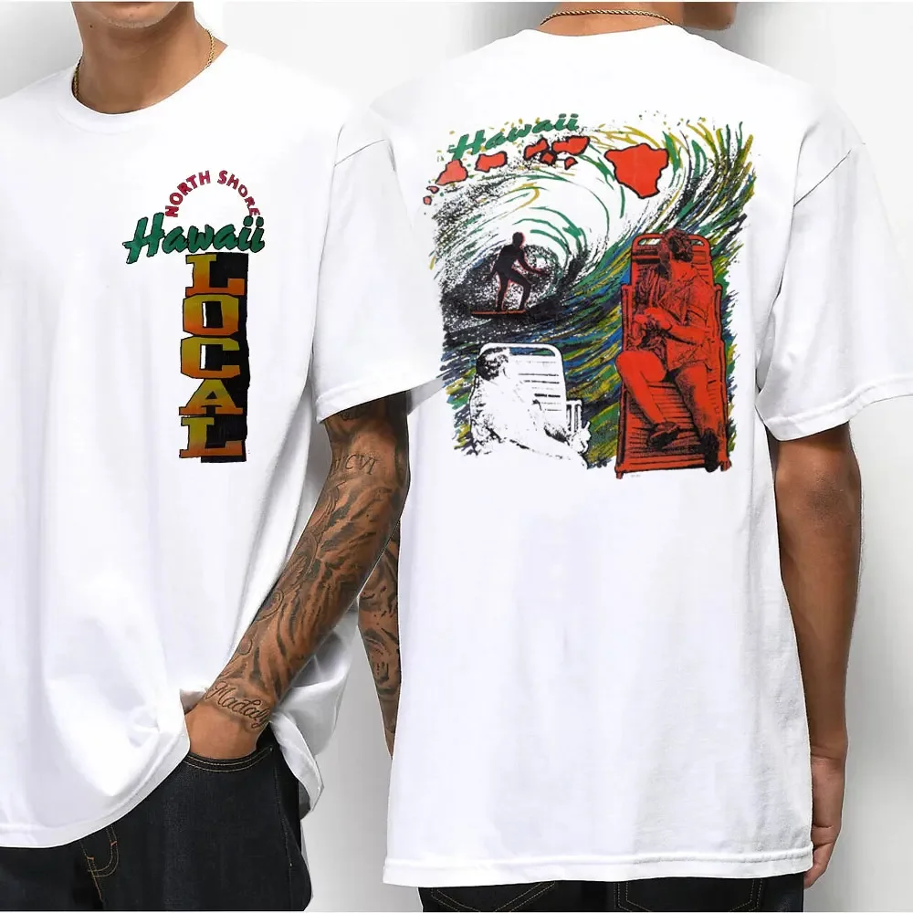 Hawaiian Style Men\'s Casual T-shirt Island Hanging Pine Shaka Surfboard Men\'s and Women\'s White Cotton Tee Retro Beach Surf Tops