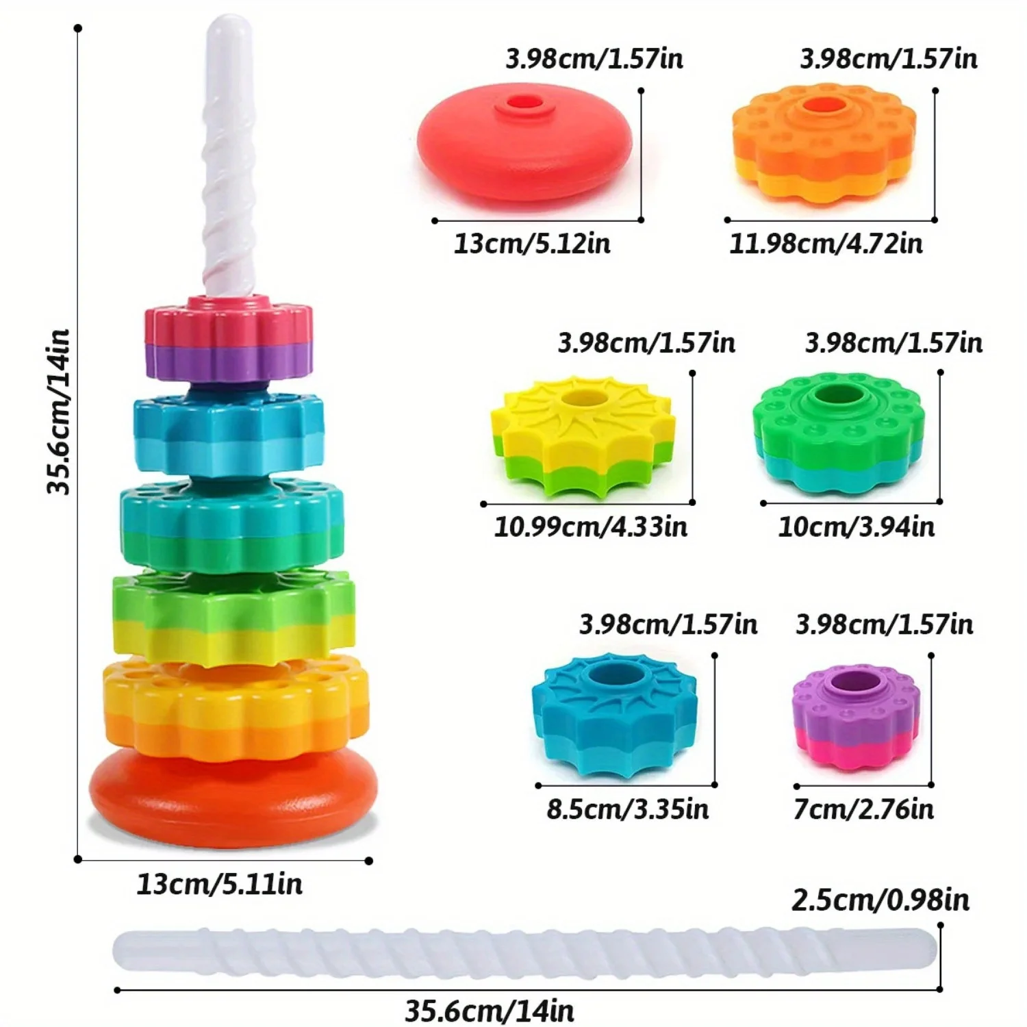 Rotating Rainbow Tower Stack & Unstack Puzzle Toy with 6 Colorful Rotating Levels  Toddler Learning Toy, Durable Plastic Blocks