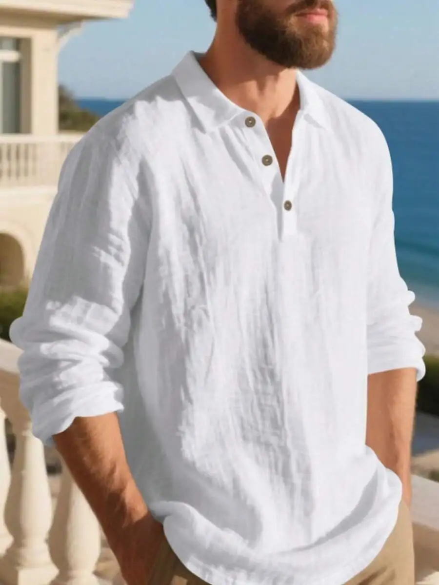 

Men's Lightweight Linen Long Sleeve Shirt with Button Placket, Breathable Casual Top for Beach & Outdoor