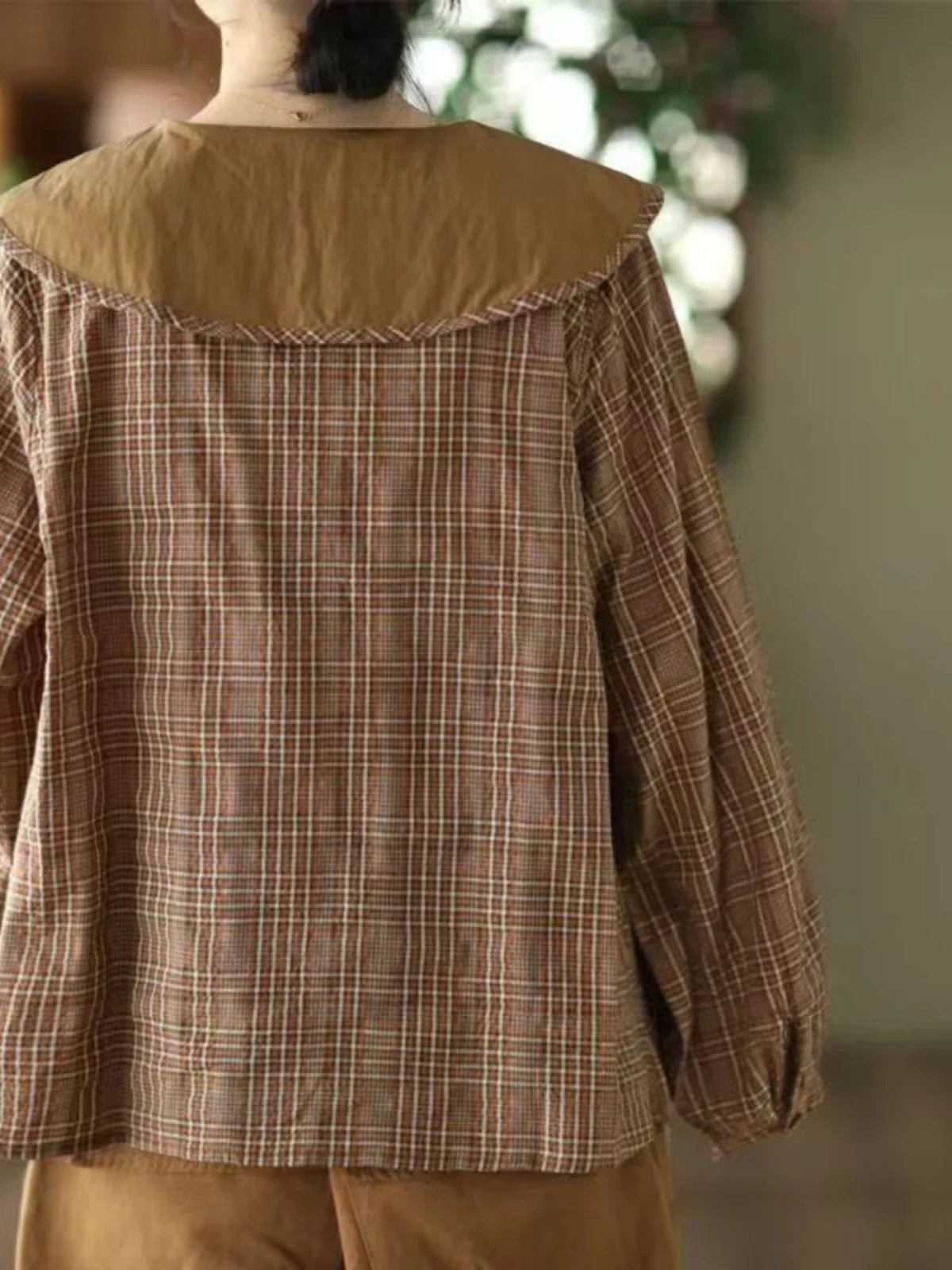 

Retro Embroidered Plaid Loose Casual Cardigan Sle Women's irt Doll Collar Long Sve Button up Vintage Commute Faion