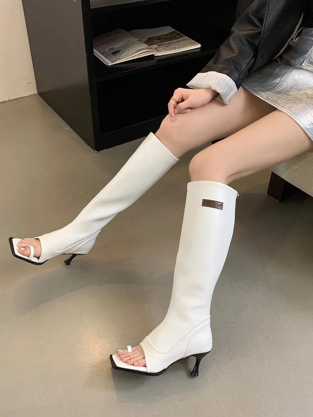 Open Toe Women Sandals Boots Clip Toe Black White Back Zipper Thin High Heels Autumn Winter Chelsea Boots Woman Party Size 35-39