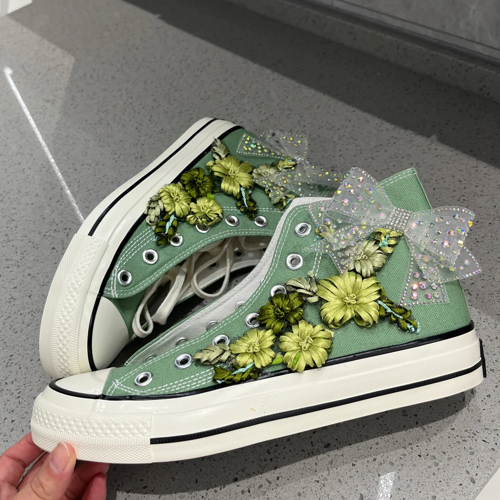 mambo Style Green Bow Embroidered Flowers Candy-colored Canvas Shoes very popular