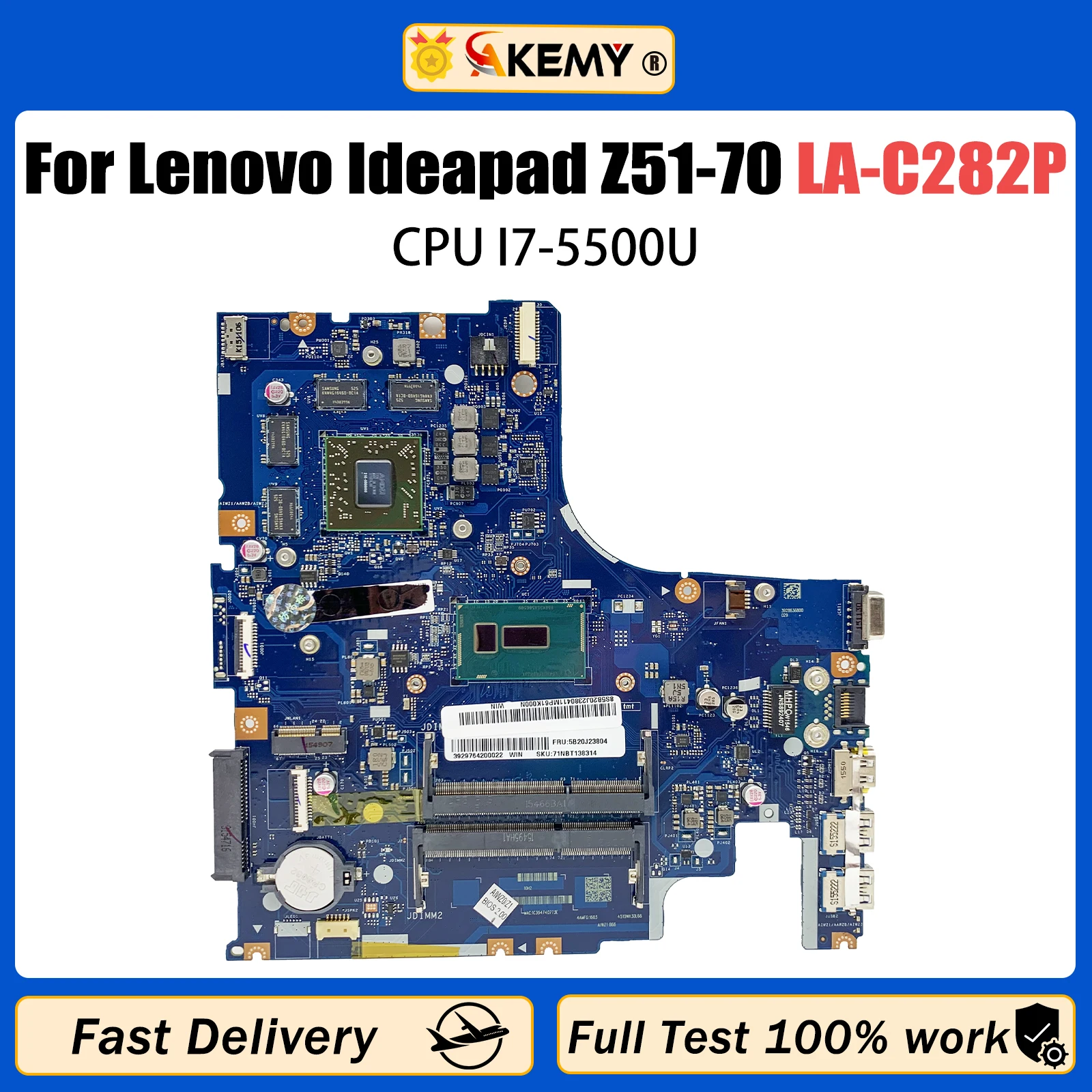 AKEMY Laptop motherboard For LENOVO Ideapad Z51-70 Mainboard With i7-5500U CPU LA-C282P 5B20J23649 216-0866000 DDR3