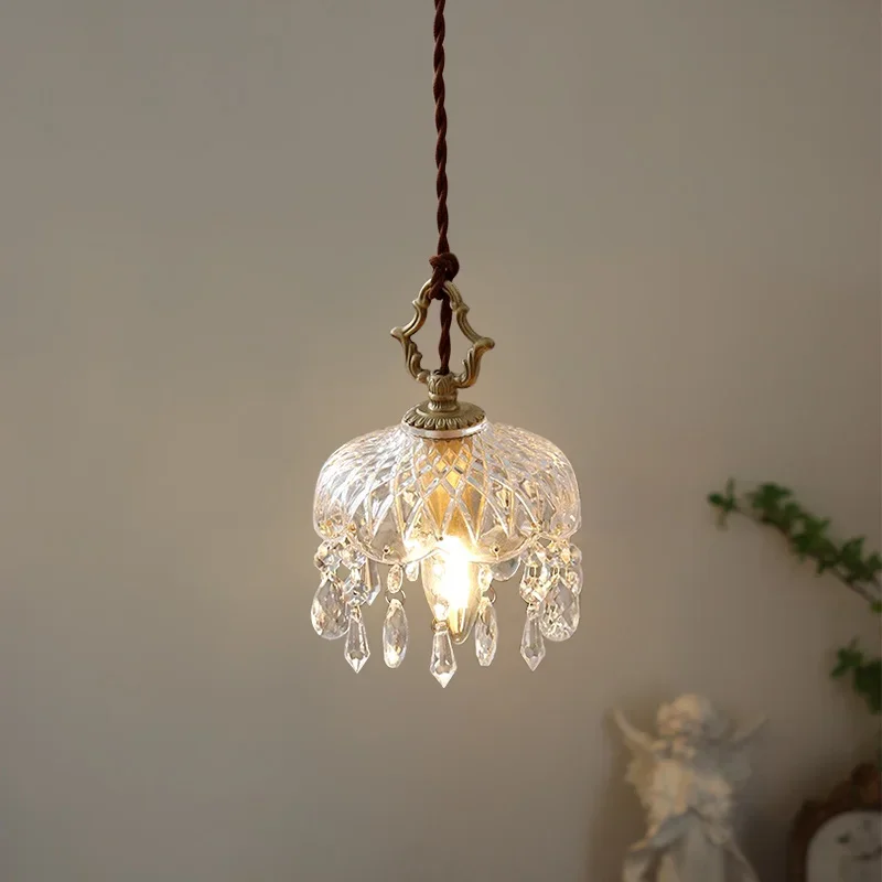 

French Retro Brass Garden Crystal Chandelier For Bedside Indoor Light Balcony Hallway Bar Cloakroom E14 Pendant Lamp