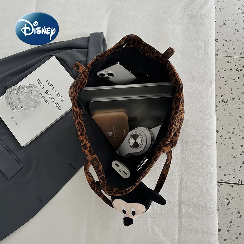 Disney Mickey New Women's Handbag Leopard Print Fashion Women's Shoulder Bag Cartoon Doll Casual Women's Bag Large Capacity