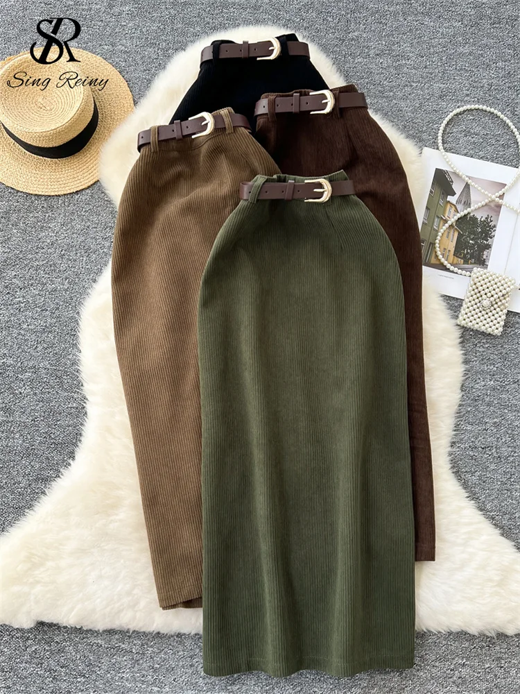 SINGREINY Senior Corduroy Solid Skirt High Waist With Belt Chic Autumn Fashion Female Basics Elegant Bodycon OL Long Skirt