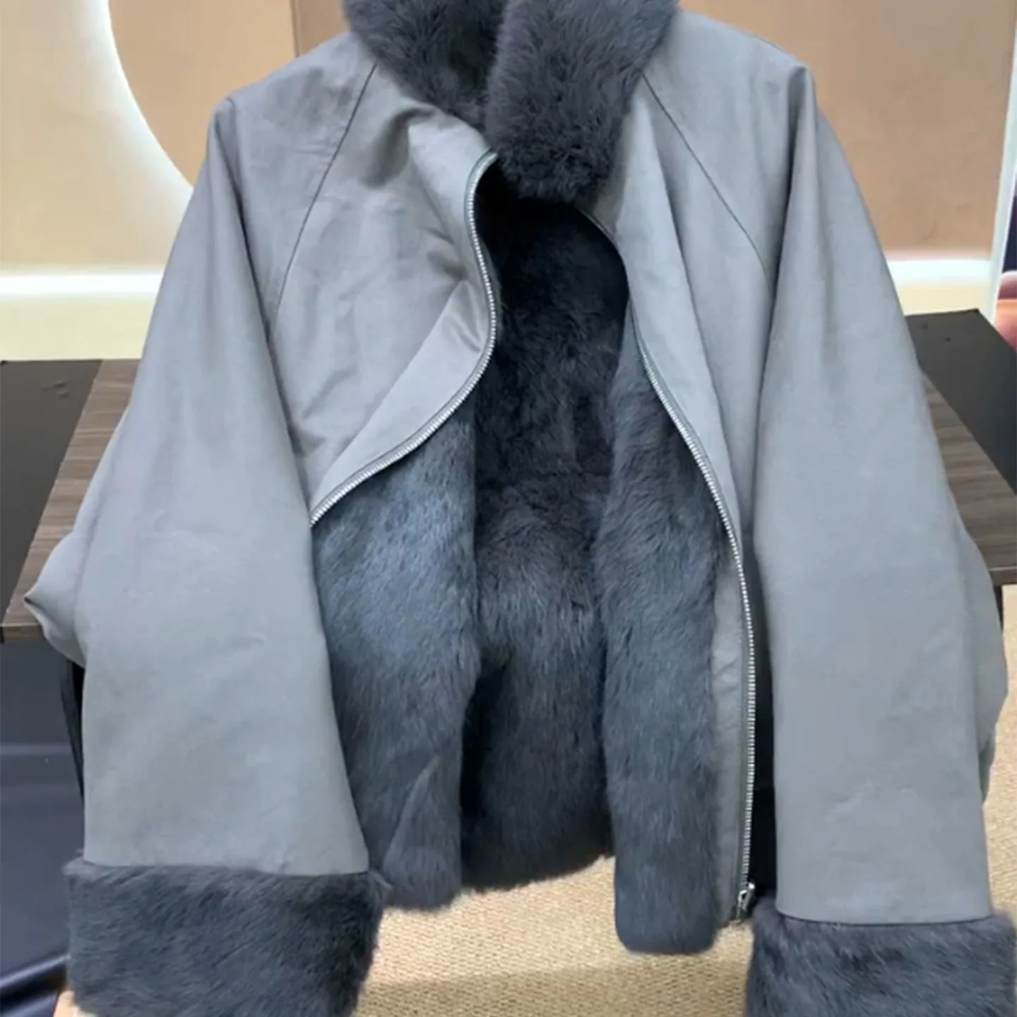 Gray Lamb Fur Lined Parka Coat Medium Length Women's Winter Outerwear Fluffy Soft Warm Commute Style Casual Fashion