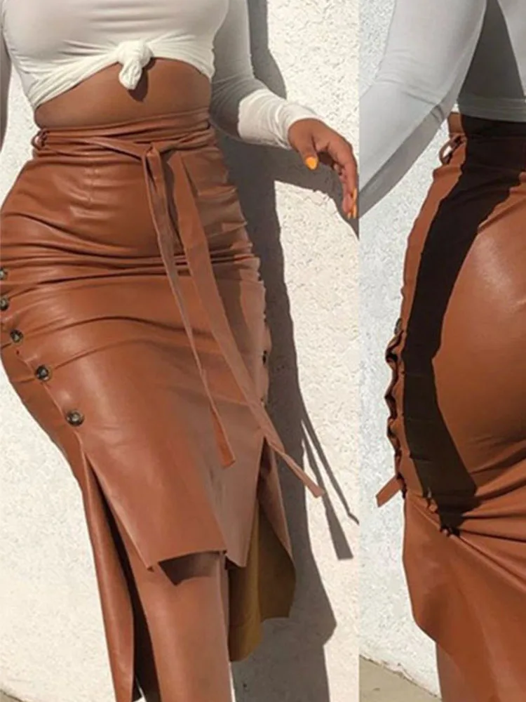 

Women Trendy PU Leather Midi Skirt Solid Color High Waist Lace-up Side Button Slim Skinny Pencil Skirt for Ladies Streetwear