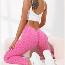 Leggings da donna leopardati con vita a V Leggings sottili senza cuciture elasticizzati a vita alta con sollevamento dell'anca collant da Yoga Sexy palestra in esecuzione pantaloni sportivi