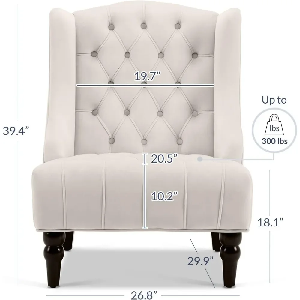 Modern Wingback Accent Chair, Grosso acolchoado assentos almofadados e perna de madeira, Veludo adornado, Sala de estar cadeira traseira alta