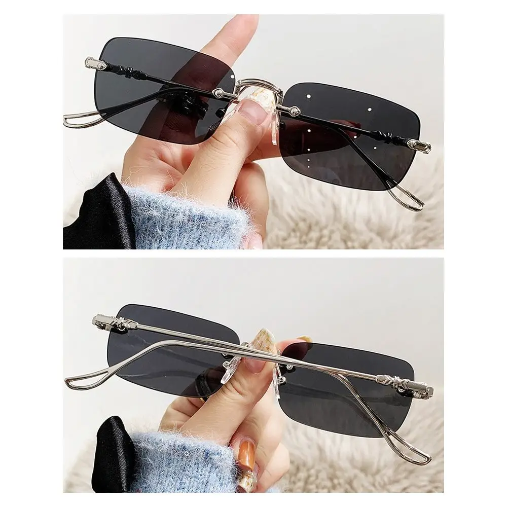 Metal Rectangle Sunglasses Trendy UV400 Rimless Vintage Shades Eyewear for Women & Men