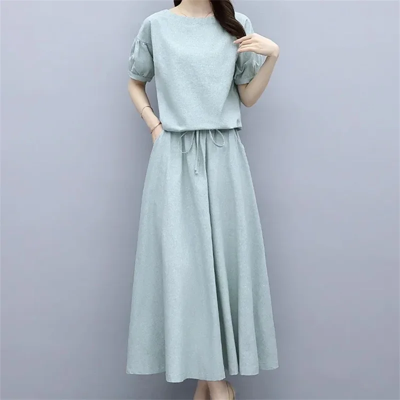 Cotton Linen Skirt Two-Piece Women\'s Summer 2024 New Set Slim Skirts Sleeve Suit Skirts Fashion 2PCS Temperament Female Outfit