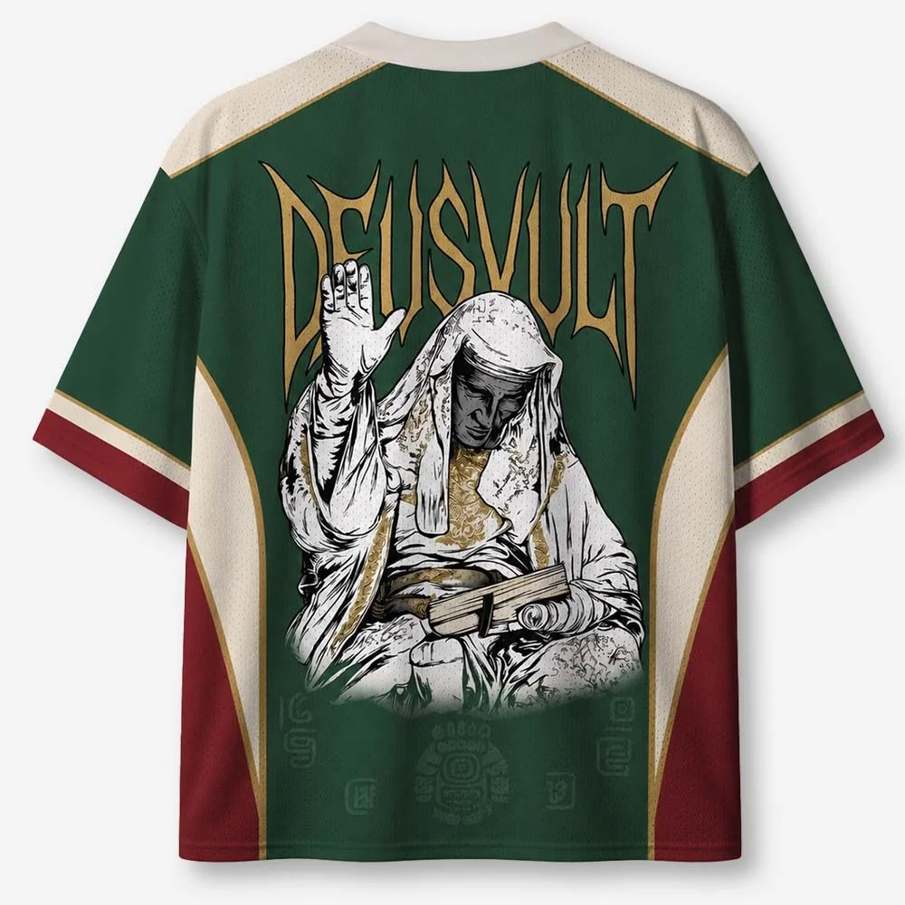 V-Neck Mesh Short Sleeve Shirt, Deus Vult Jerusalem Cross Green Gold Print Casual Athletic Top, Retro Sports Tee