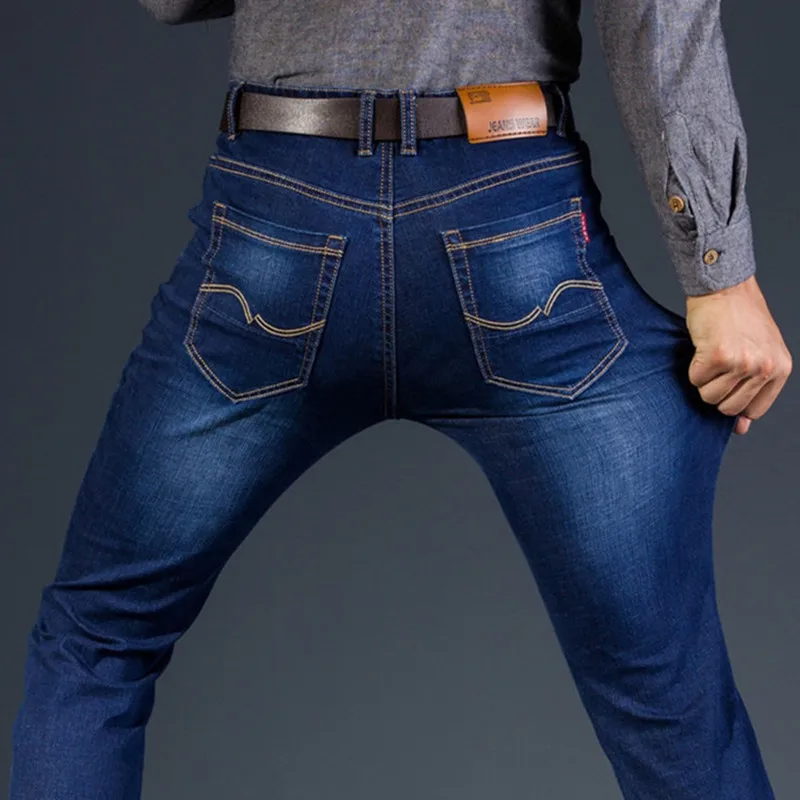 

Мужские джинсы с высокой талией, очень большие размеры, свободный крой, эластичные, прямые, длинные брюки, повседневная одежда для мужчин среднего возраста, большие размеры