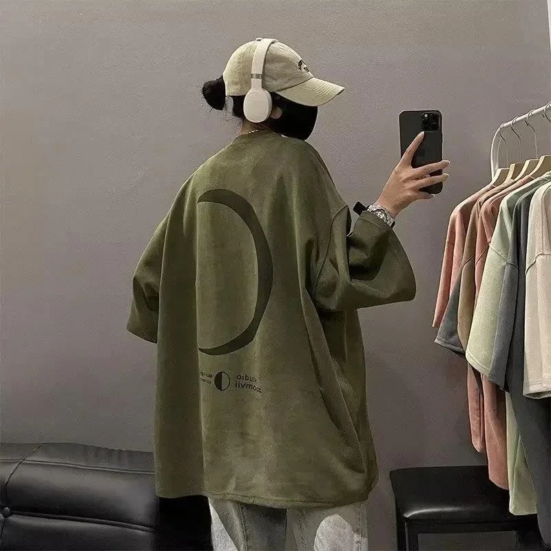 American Retro Suede Short Sleeve Men's T-shirt Trendy Oversize Military Green Five Sleeve Summer Loose Fit round Neck T-shirt