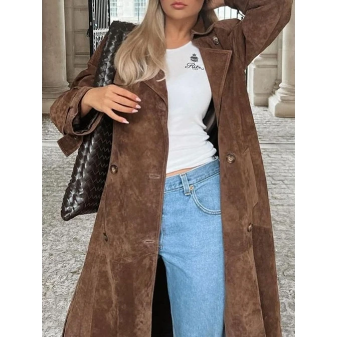 

Retro Long Duster Coat Brown Waist-Cinching Belted Outerwear Ele Sle Women's Spring Autumn Faion Outerwear