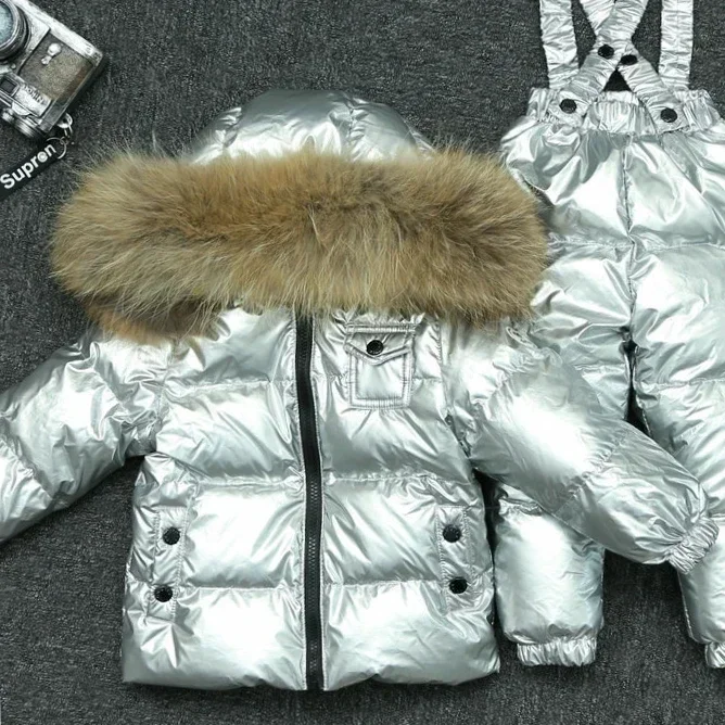 New Winter 2023 Kids Boutique Clothing 2 Pieces Sets Down Jacket Suspender Trousers Big Fur Collar Warm Soft Unisex Ski Suit