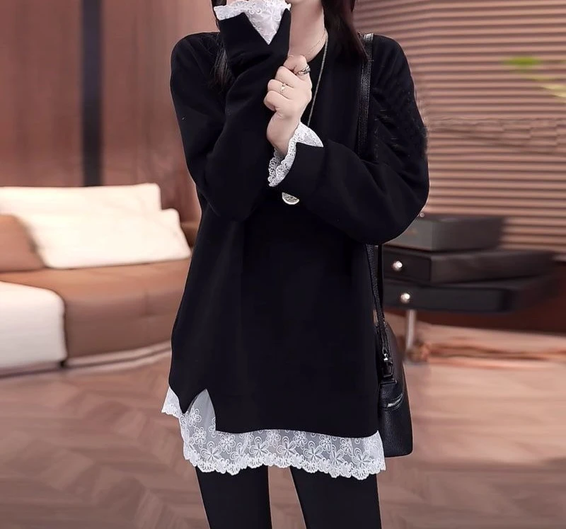 

Splicing Lace Edge Base Shirt for Autumn and Winter New Round Neck Lace Sleeve Hoodie for Women