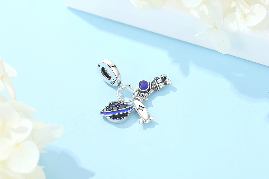 Original 925 Sterling Silber Charms Stern Mond Sonne Astronaut Anhänger Perlen Passend für Marken-Armbänder Halsketten Damen DIY Schmuck – Detail 3