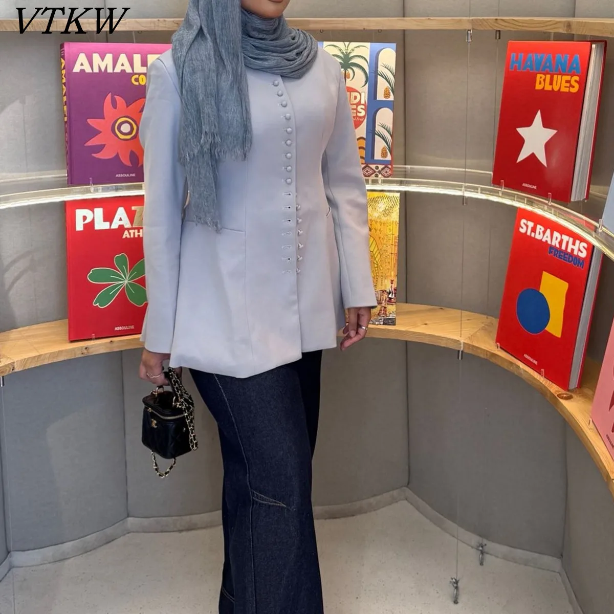 

VTKW 2025 новый женский повседневный пиджак, однобортный, с круглым вырезом, миди, винтажный, однотонный, с облегающей талией, элегантный, осенний премиум-класса