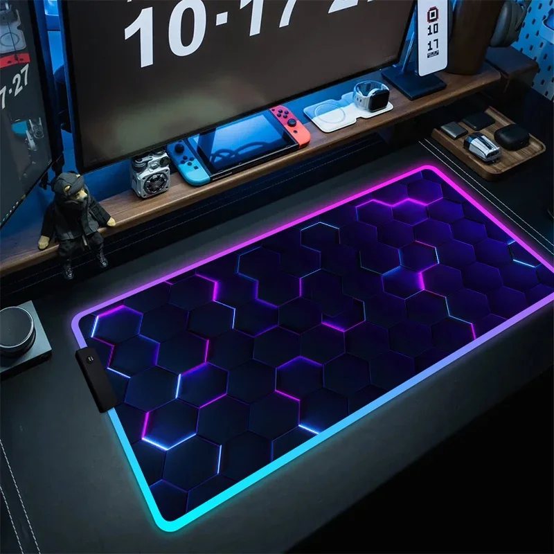 Large Gaming RGB Geometric Mouse Pad HD Print New Gamer Computer Mice Mat LED Light XXL Non-Slip Game Keyboard Pads With Backlit