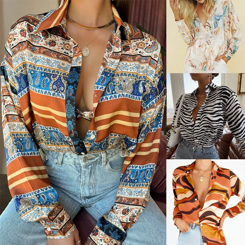 

Fashion Women's Shirts Button Down Lapel Abstract/Zebra Print Long Sleeve Cozy Loose Shirt Femme Tops 2022 Autumn New