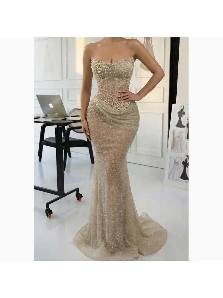 Luxuriöses trägerloses Abendkleid, bodenlang, ärmellos, Kristallperlen, Abendkleid, modisches Meerjungfrau-Partykleid, individuell gestaltet 2026