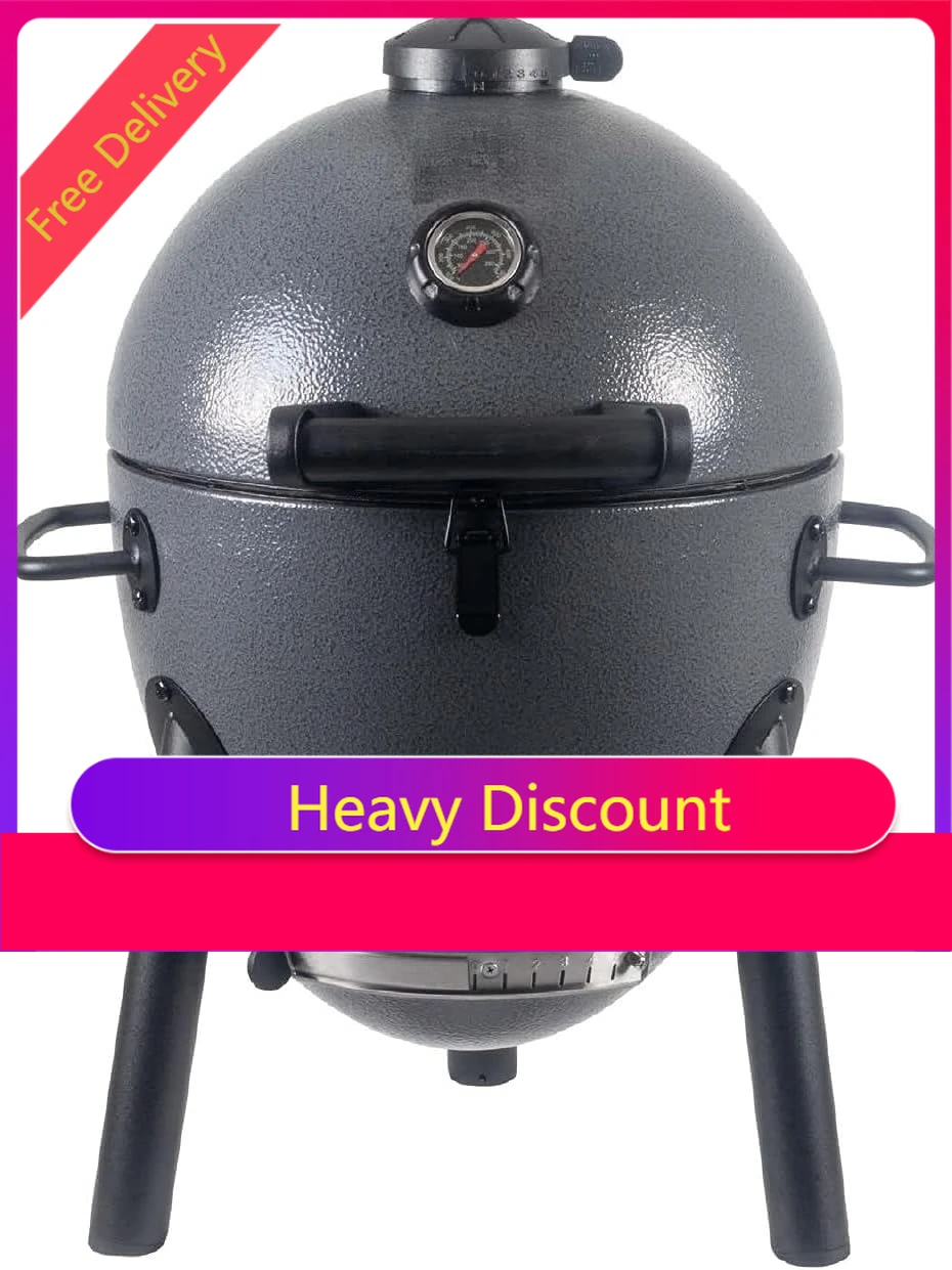 

Горячая распродажа: Портативный угольный гриль-коптильня Kamado с чугунными решетками и запирающейся крышкой, 155 кв. дюймов для приготовления пищи, цвет серый.